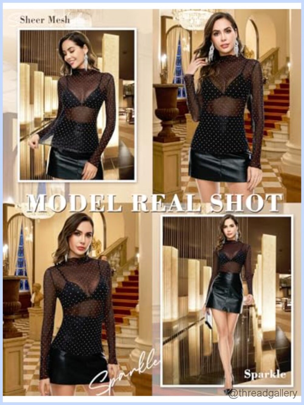 Sheer Mesh Layering Top Mock Neck Ruffle Rhinestone Long Sleeve - Picture 3 of 6